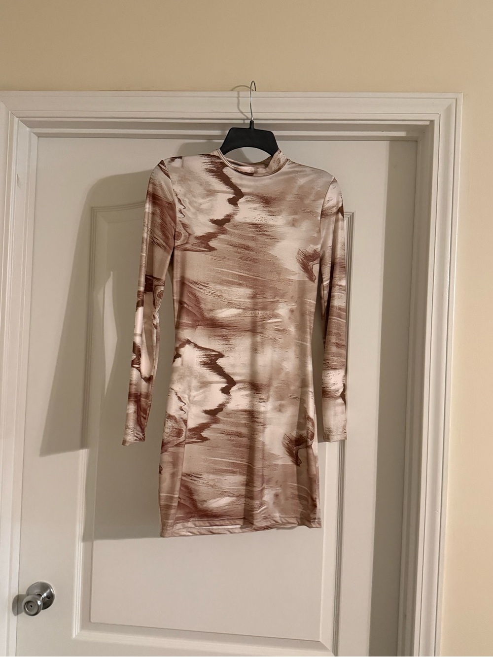 Long Sleeve Marble-Print Mini Dress in Beige Brown